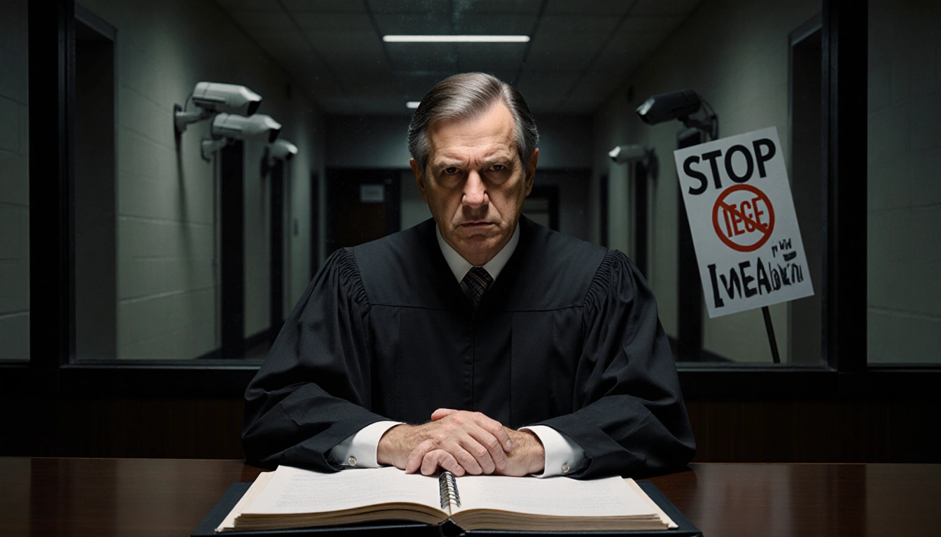 Federal judge sits at desk with ledger and expression while a hallway with security cameras and a faint Stop ICE sign looms