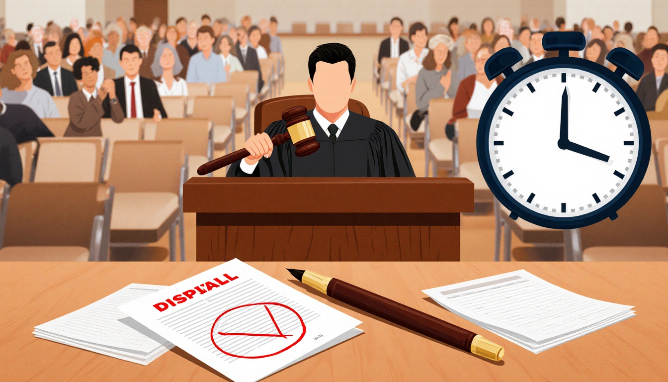 Judge Ruiz holding a gavel while marking dismissal with a red pen near a blurred crowded meeting hall.