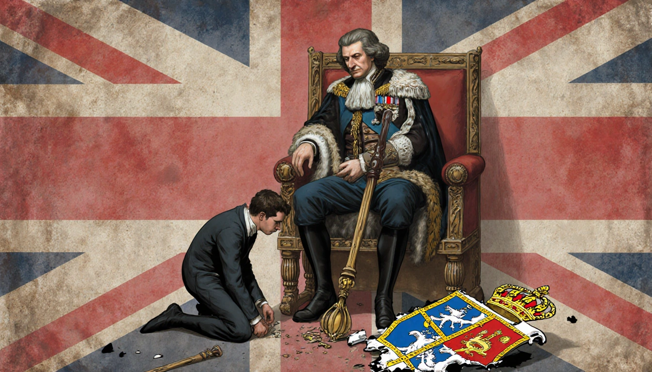 King Charles III stripping Prince Andrew of titles with a broken crown and scepter near throne against a faded British flag