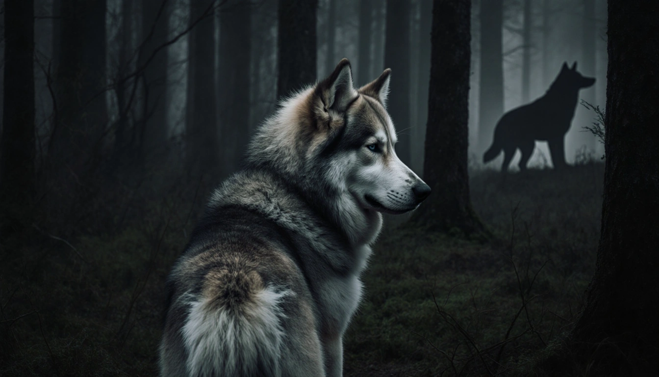Great Pyrenees standing at forest edge with ruffled fur and wolf silhouette behind