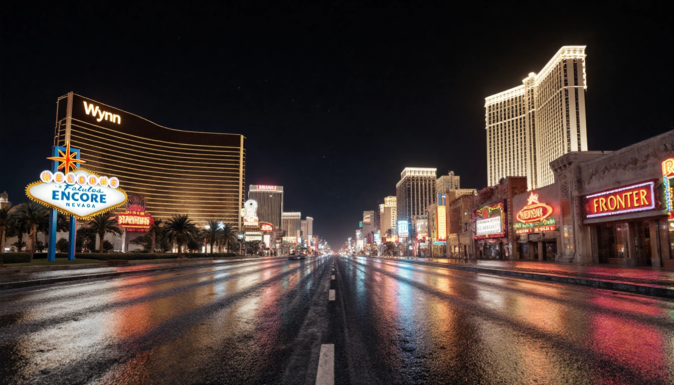Las Vegas Strip casino collage glows with neon reflections on wet pavement and vintage signage.