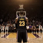 LeBron James takes two free throws with golden light and a clock showing 3.9 seconds left in a packed arena