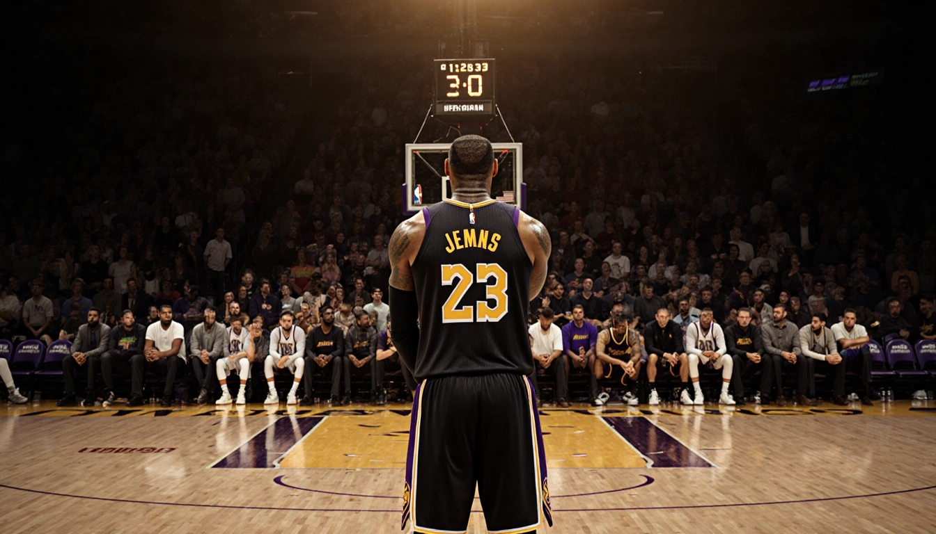 LeBron James takes two free throws with golden light and a clock showing 3.9 seconds left in a packed arena