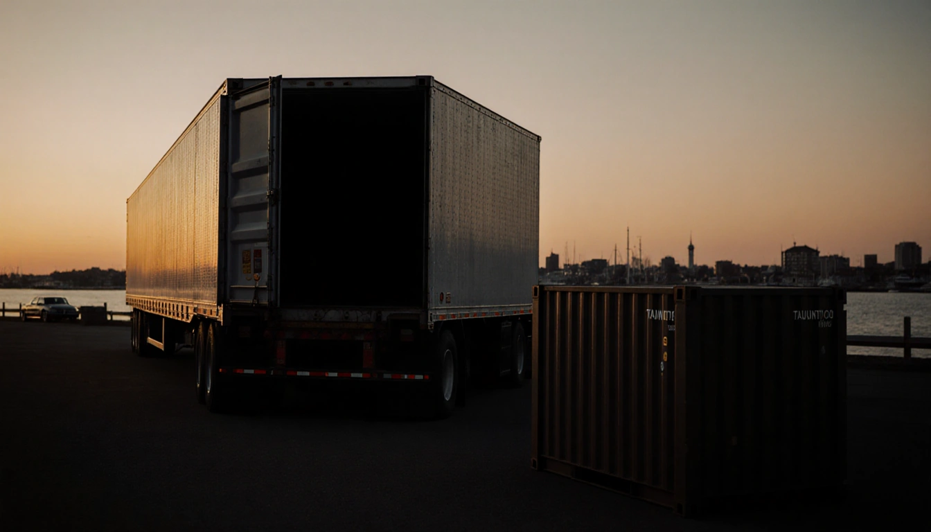 Refrigerated truck opens empty cargo door with lobster mystery at dusk over Taunton coast