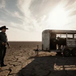 Cowboy standing beside an abandoned cattle trailer with open metal doors over a dry Texas landscape