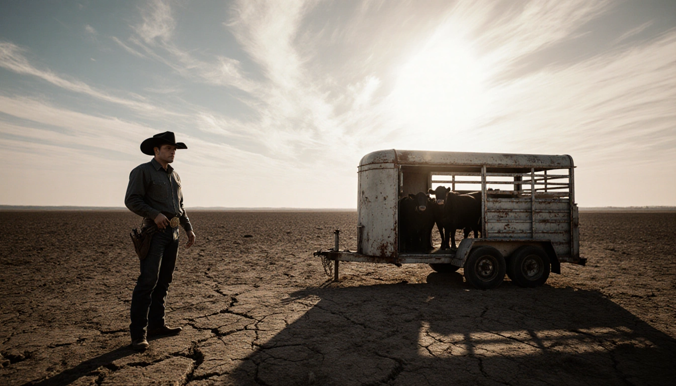 Cowboy standing beside an abandoned cattle trailer with open metal doors over a dry Texas landscape