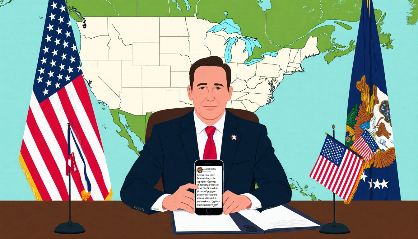 Governor Jeff Landry sits at a desk with phone showing X post and flags and a map of Greenland and North America behind him