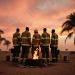 Volunteer firefighters stand together around a fire pit with desert sunset and palm trees nearby