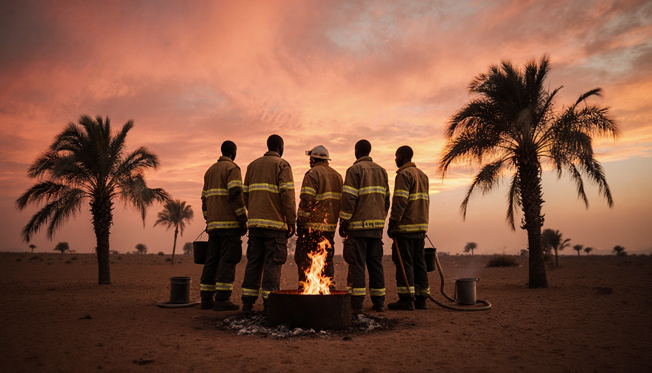 Volunteer firefighters stand together around a fire pit with desert sunset and palm trees nearby
