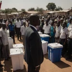 Mamadi Doumbouya standing in front of a makeshift polling station with voters and ballot boxes and the Guinea flag waving.