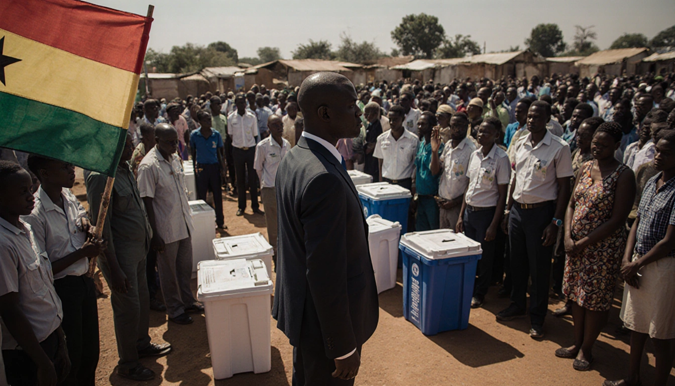 Mamadi Doumbouya standing in front of a makeshift polling station with voters and ballot boxes and the Guinea flag waving.