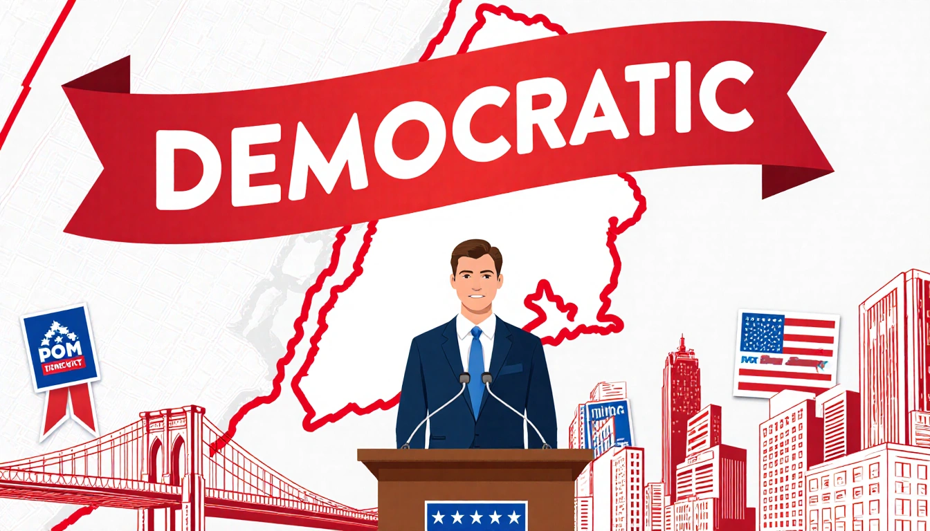 George Conway standing confidently on podium with red Democratic banner and Brooklyn Bridge in background