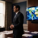 Marco Rubio speaking to reporters with a world map screen and warm natural light