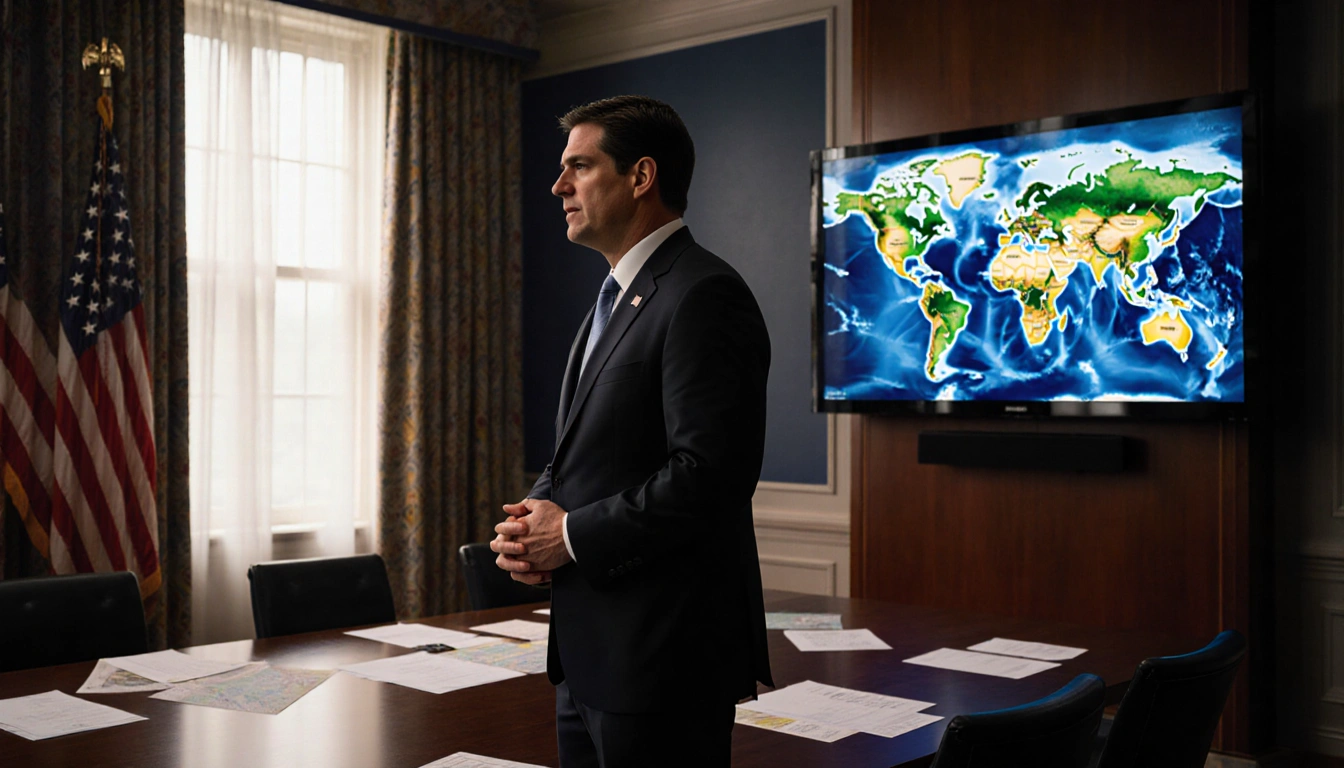 Marco Rubio speaking to reporters with a world map screen and warm natural light