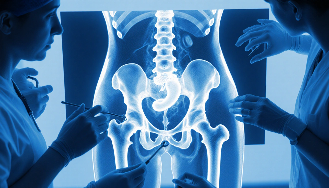 Medical team observing an MRI scan with a translucent fetus outline on the pelvis sidewall and soft blue tones.