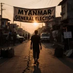 Voter walking toward a makeshift polling booth with a faded banner reading Myanmar General Election and a setting sun.