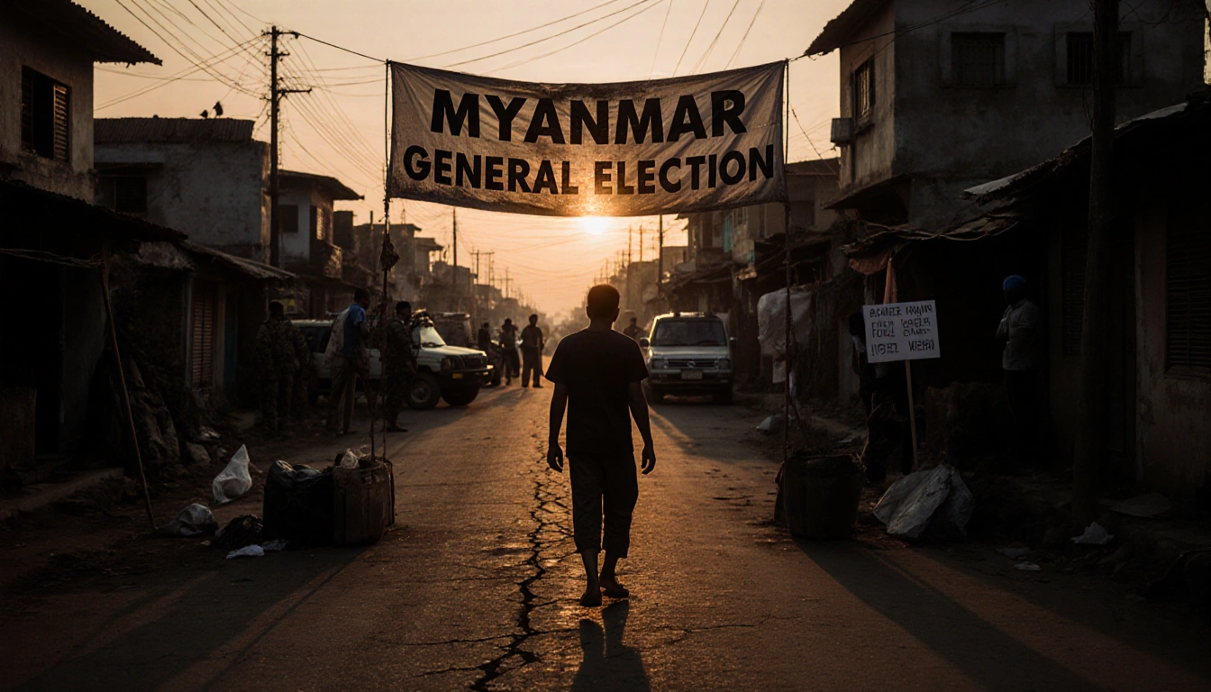 Voter walking toward a makeshift polling booth with a faded banner reading Myanmar General Election and a setting sun.