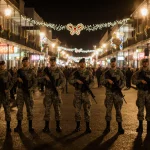 National Guard troops stand watchfully on Bourbon Street in New Orleans with revelers celebrating New Year