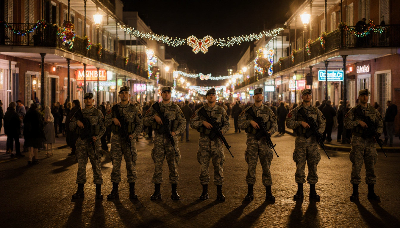 National Guard troops stand watchfully on Bourbon Street in New Orleans with revelers celebrating New Year