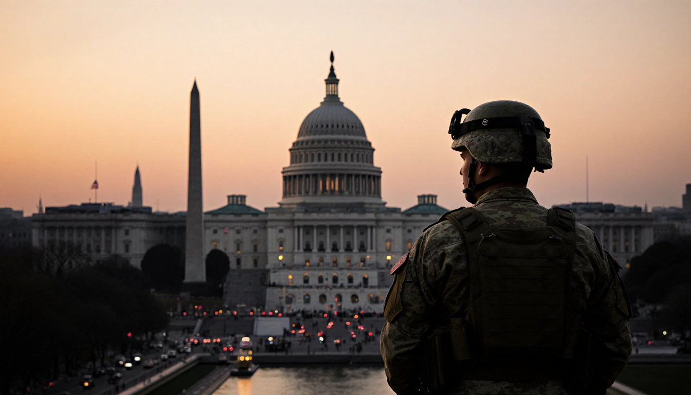 National Guard soldier standing watch on a raised platform with the U.S. Capitol at sunset and the Washington Monument in bac
