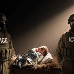 Baby Jesus swaddled in silver blanket lies in wooden manger with Roman soldiers in gas masks standing guard under warm light