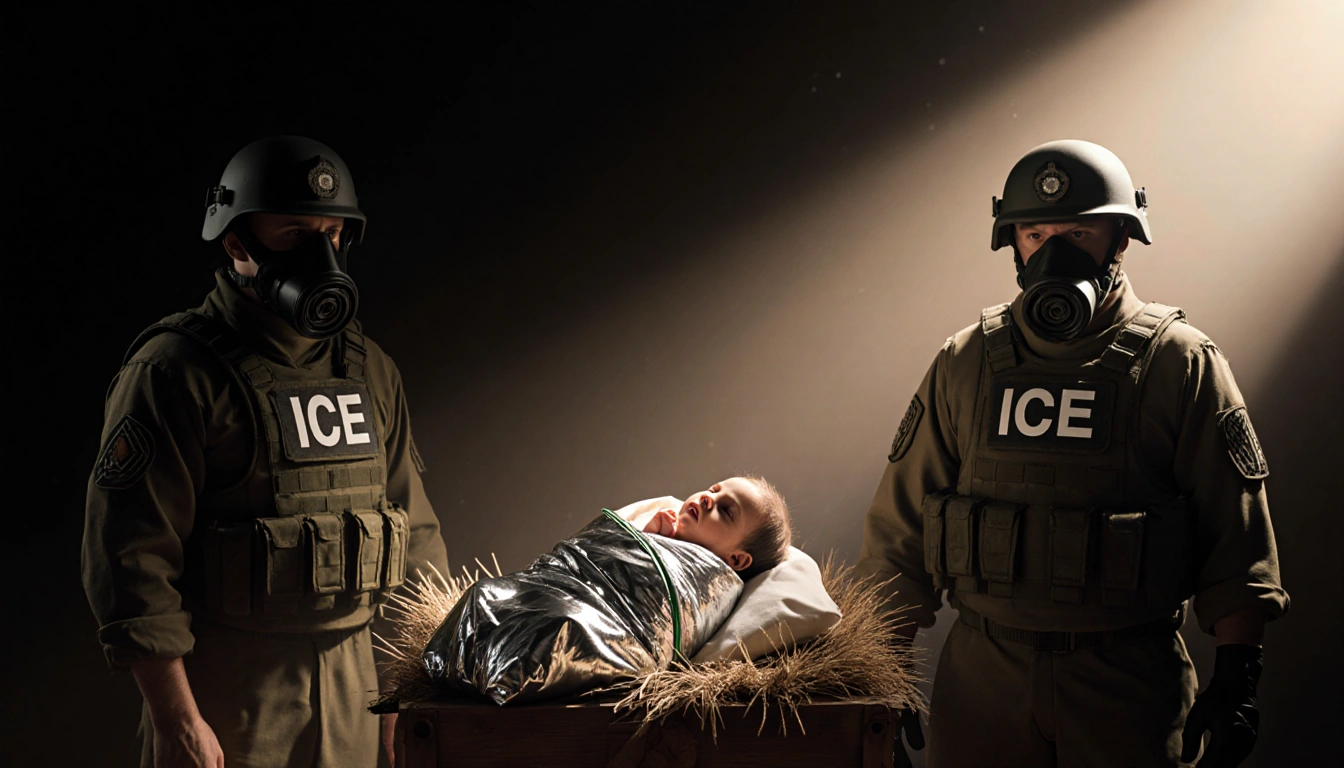 Baby Jesus swaddled in silver blanket lies in wooden manger with Roman soldiers in gas masks standing guard under warm light