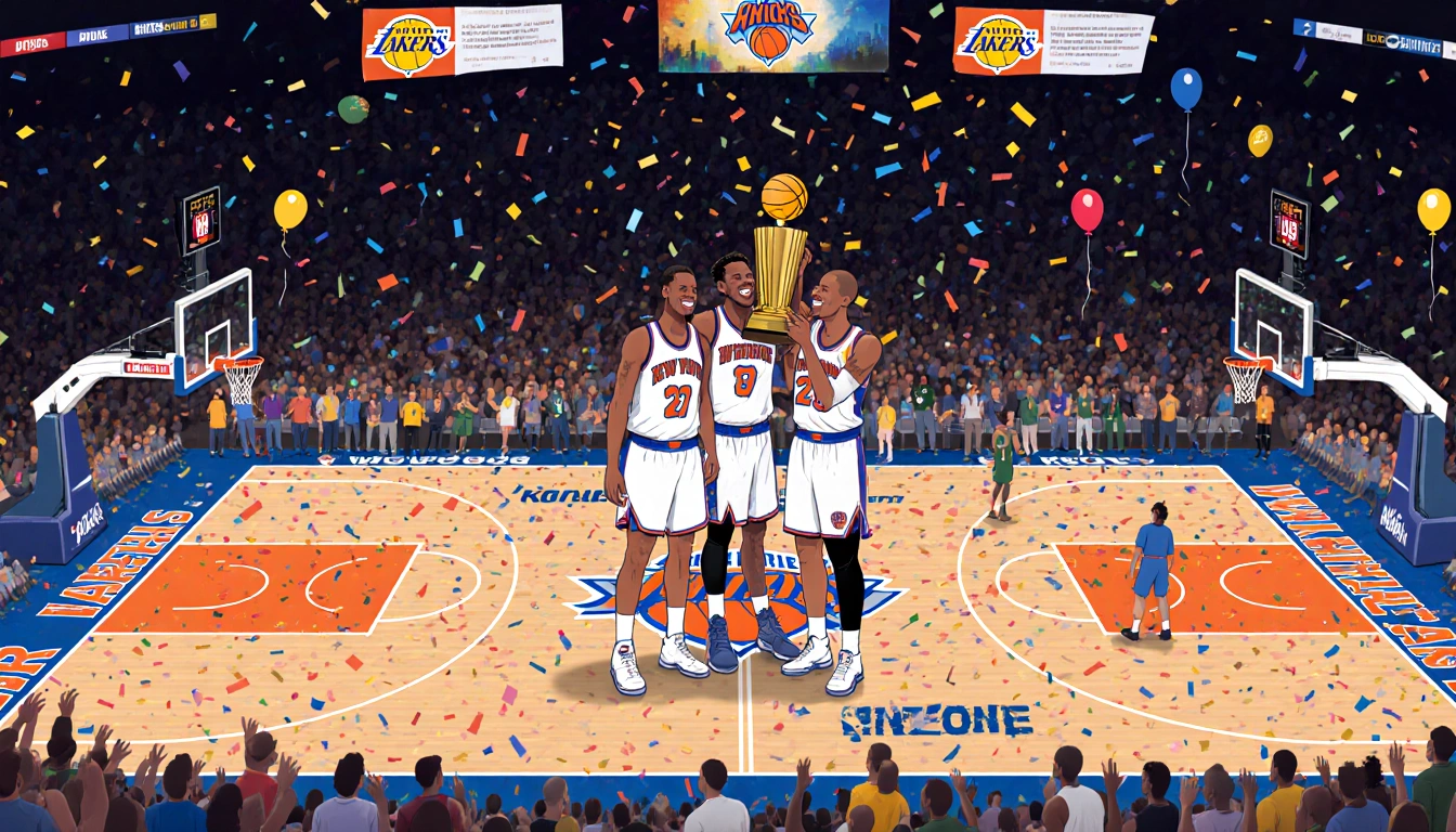 Knicks players celebrate holding championship trophy amid confetti and balloons swirling over Madison Square Garden court.