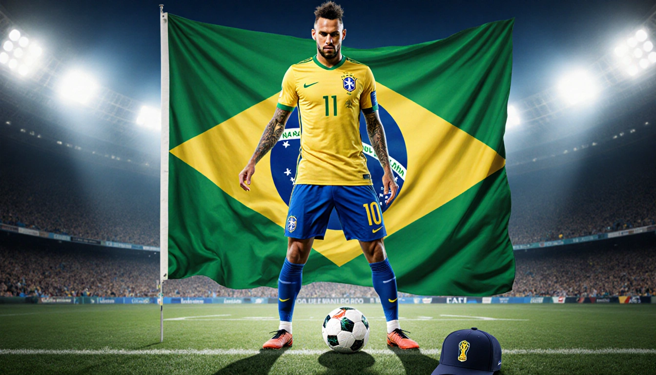 Neymar stands confidently with a World Cup ball and a Brazilian flag behind him while a coach hat peeks in foreground