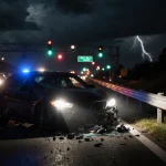 Damaged car lies against guardrail with shattered headlights and scattered debris under police spotlight.