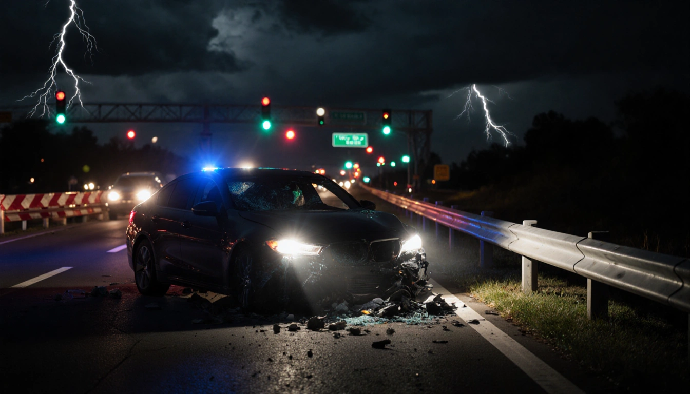 Damaged car lies against guardrail with shattered headlights and scattered debris under police spotlight.
