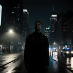 Silhouette person standing on wet pavement looking up with neon lights and a lone streetlamp in a nighttime cityscape