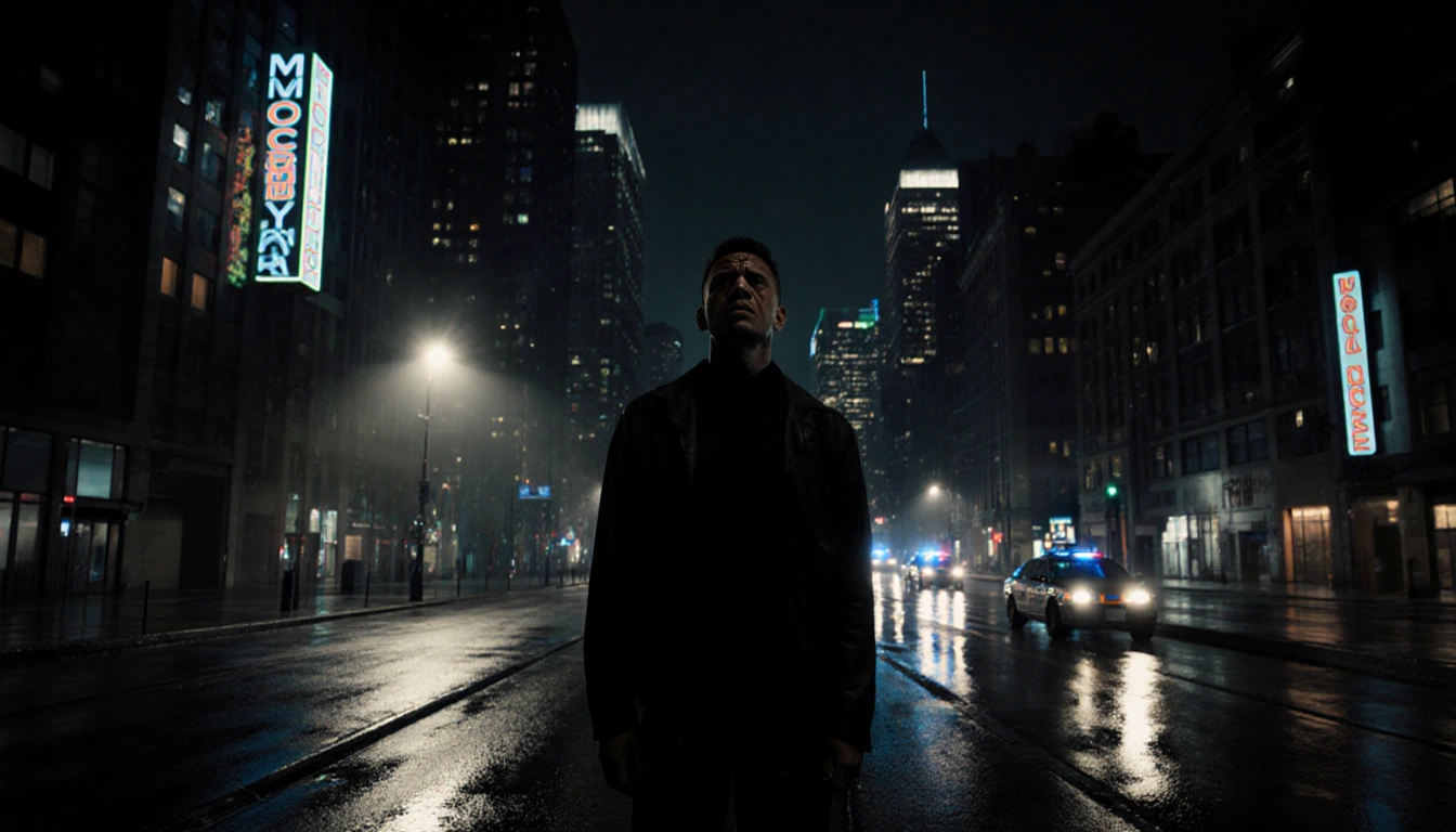 Silhouette person standing on wet pavement looking up with neon lights and a lone streetlamp in a nighttime cityscape