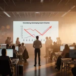 Lone employee gazing at screen with declining unemployment graph and warm golden office light.