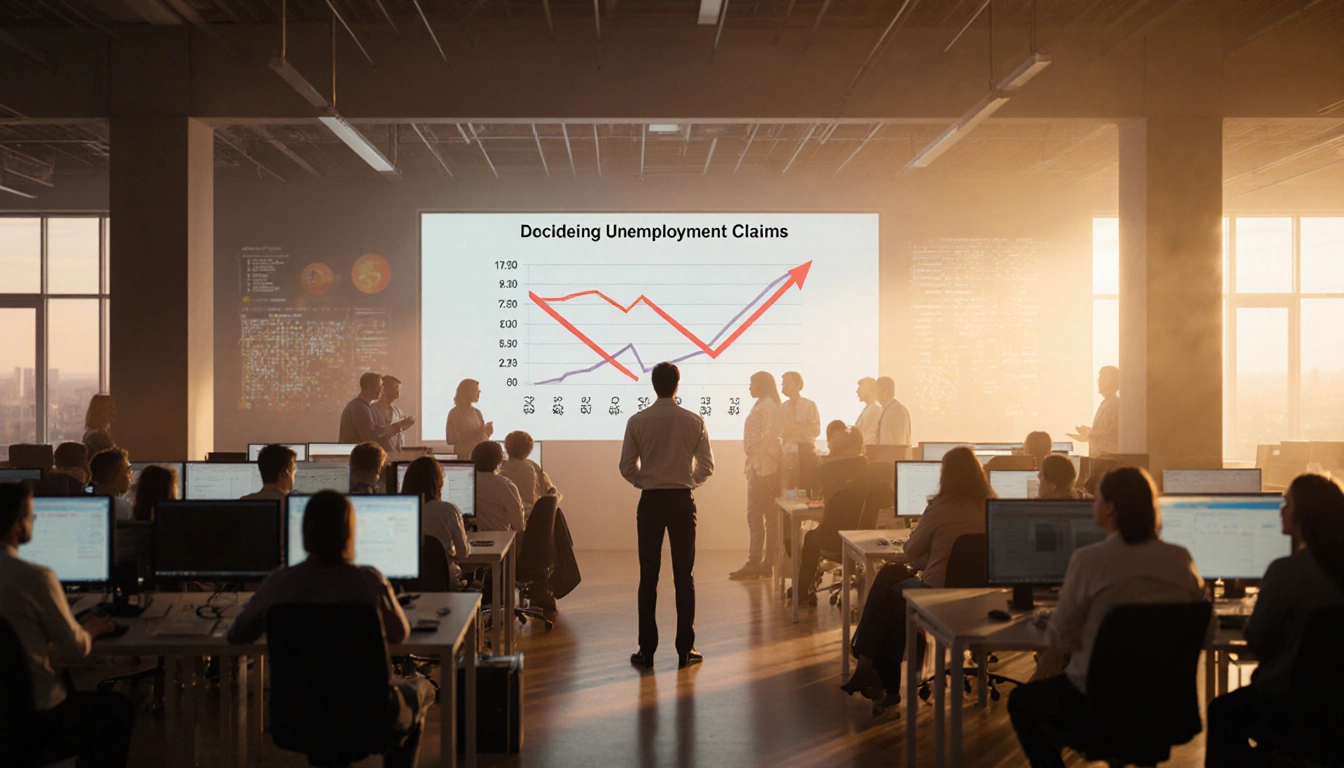 Lone employee gazing at screen with declining unemployment graph and warm golden office light.