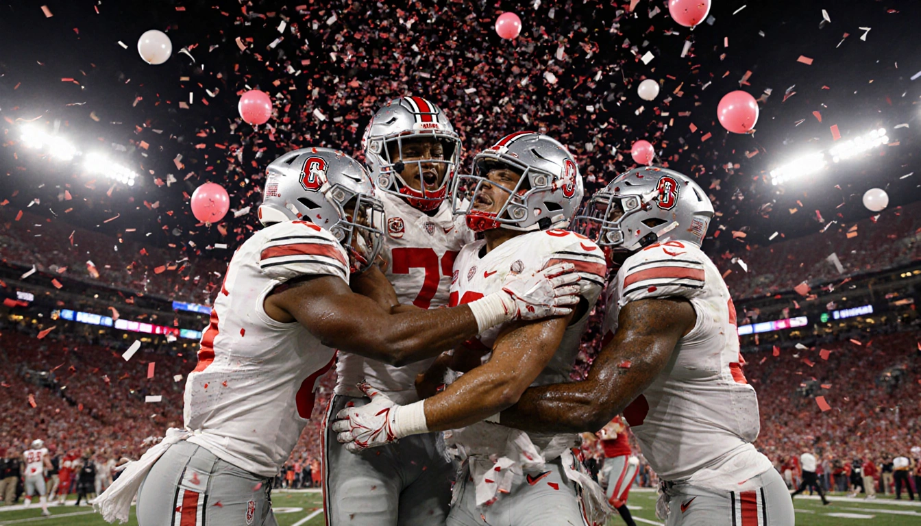 Buckeyes players hugging each other with confetti falling and stadium lights glowing behind them