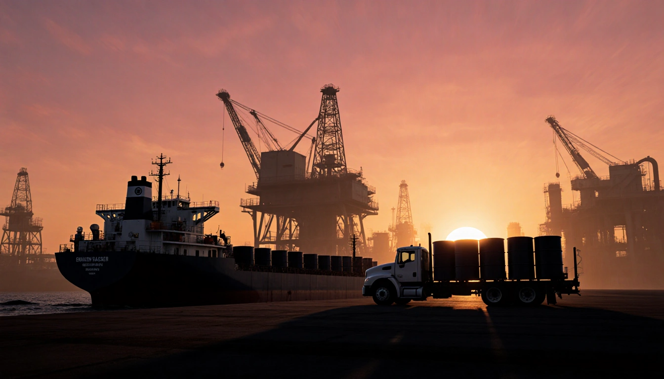 Tanker ship unloading oil barrels onto truck with sunset sky and looming oil rig