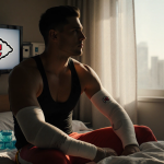 Patrick Mahomes sits on a hospital bed with his knee wrapped and the Chiefs logo on a TV as he looks toward Dallas skyline.
