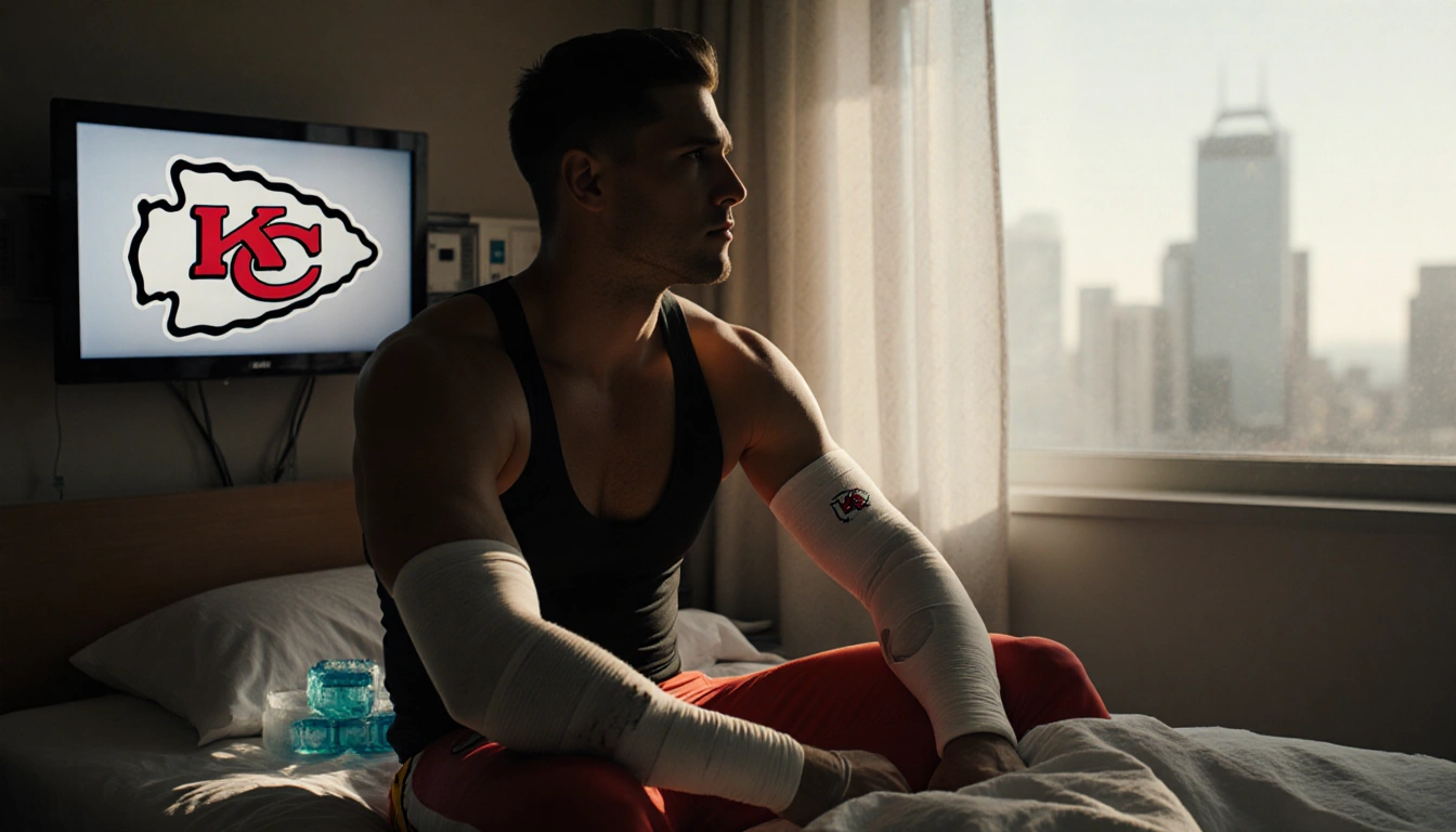 Patrick Mahomes sits on a hospital bed with his knee wrapped and the Chiefs logo on a TV as he looks toward Dallas skyline.