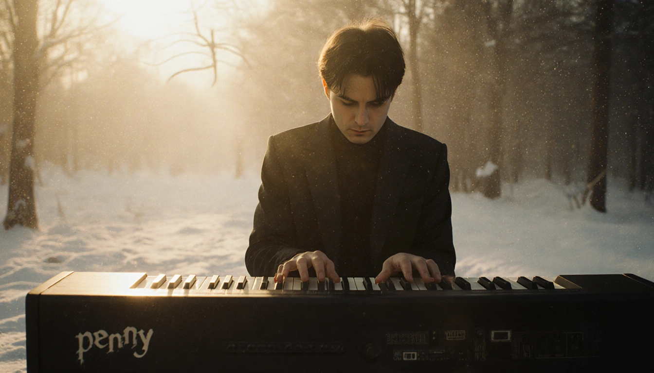 Perry Bamonte playing keyboard with warm golden light and misty winter backdrop eyes down in nostalgic contemplation.