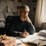 Person thinking over financial bills at cluttered desk with wrapped gifts nearby in warm natural light
