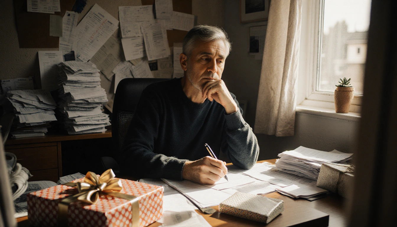 Person thinking over financial bills at cluttered desk with wrapped gifts nearby in warm natural light