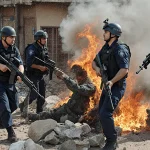 Chatbot icon refusing to depict police or militant violence with friendly smile.