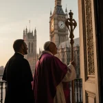 Pope Leo XIV standing at Westminster Cathedral entrance holding a golden pastoral staff with London skyline behind.