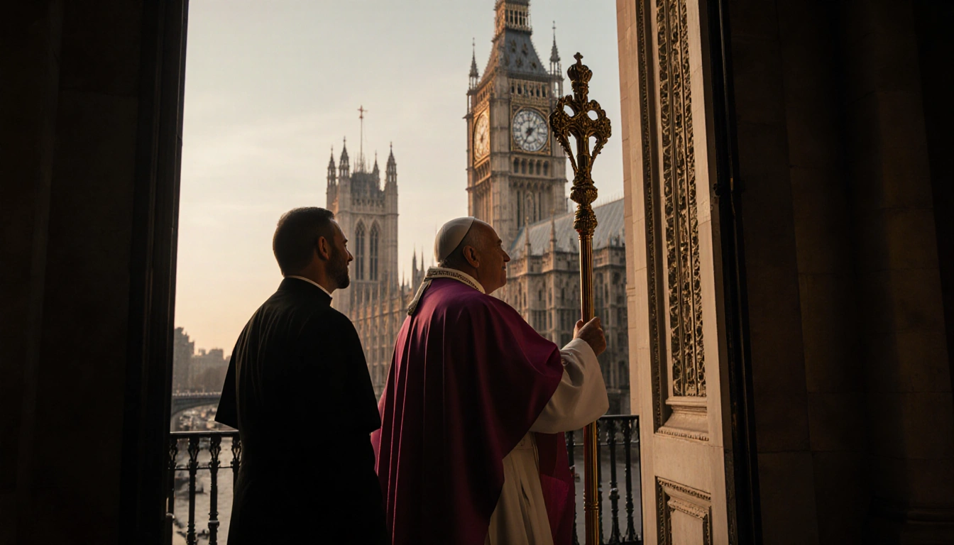Pope Leo XIV standing at Westminster Cathedral entrance holding a golden pastoral staff with London skyline behind.