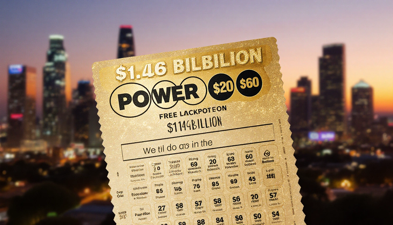 Ticket showing winning numbers and $1.146B prize glows with warm sunset light over blurred Austin skyline.