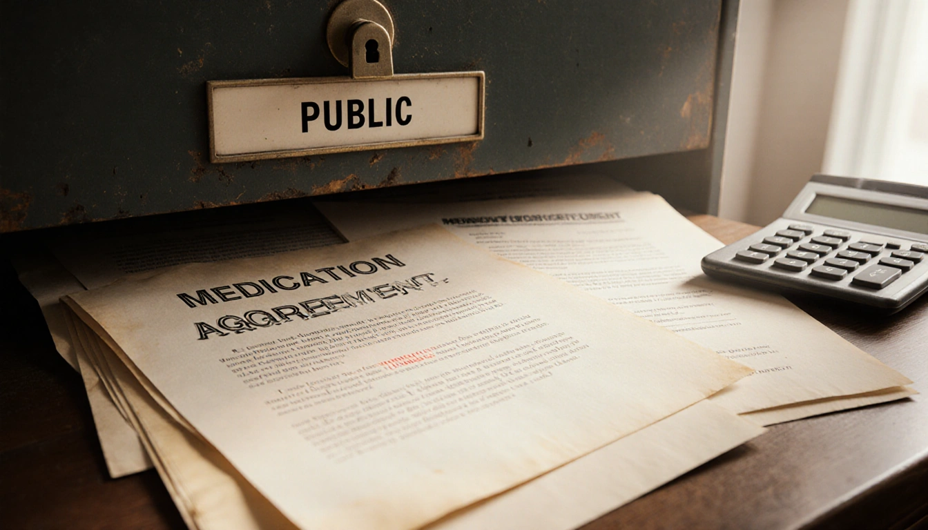 Public records spilling onto a wooden desk with yellowed divorce documents and a calculator in a dusty Texas courthouse