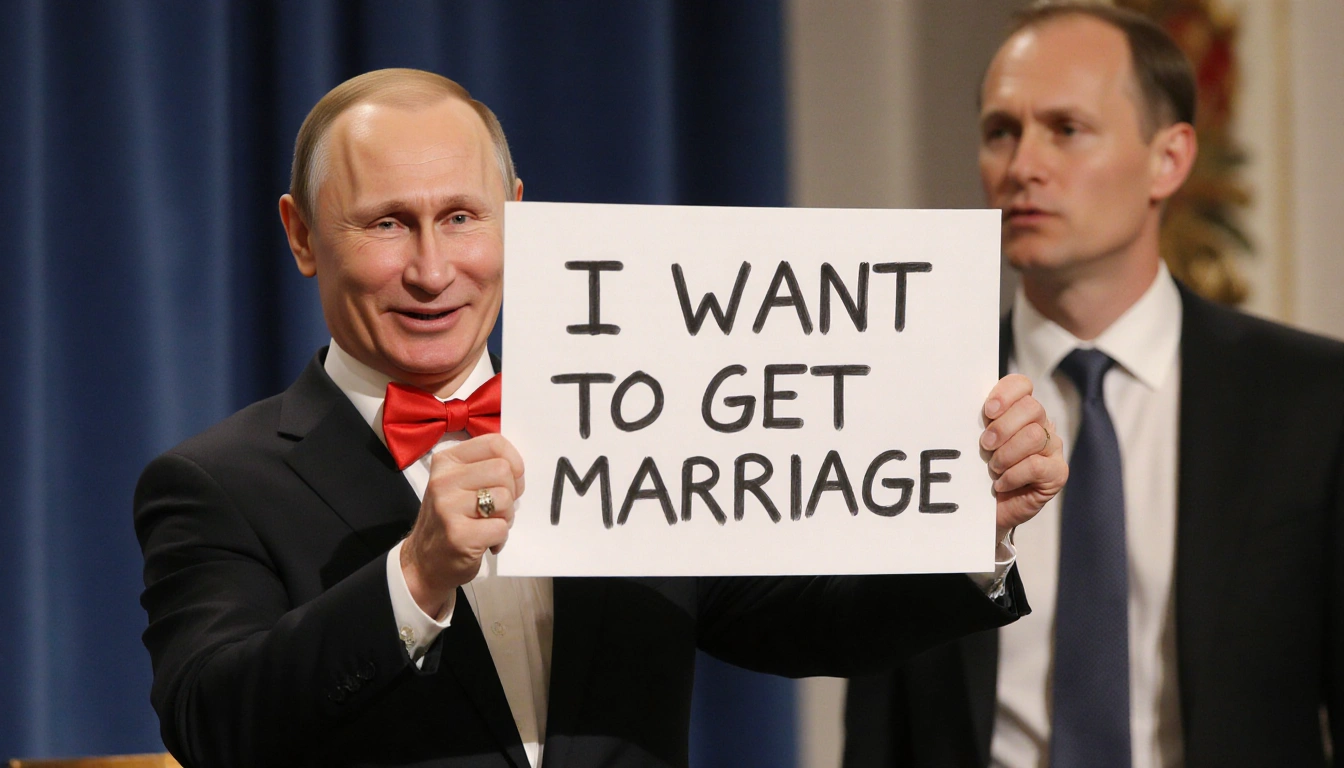 Young journalist holding a sign that reads I want to get married with Putin