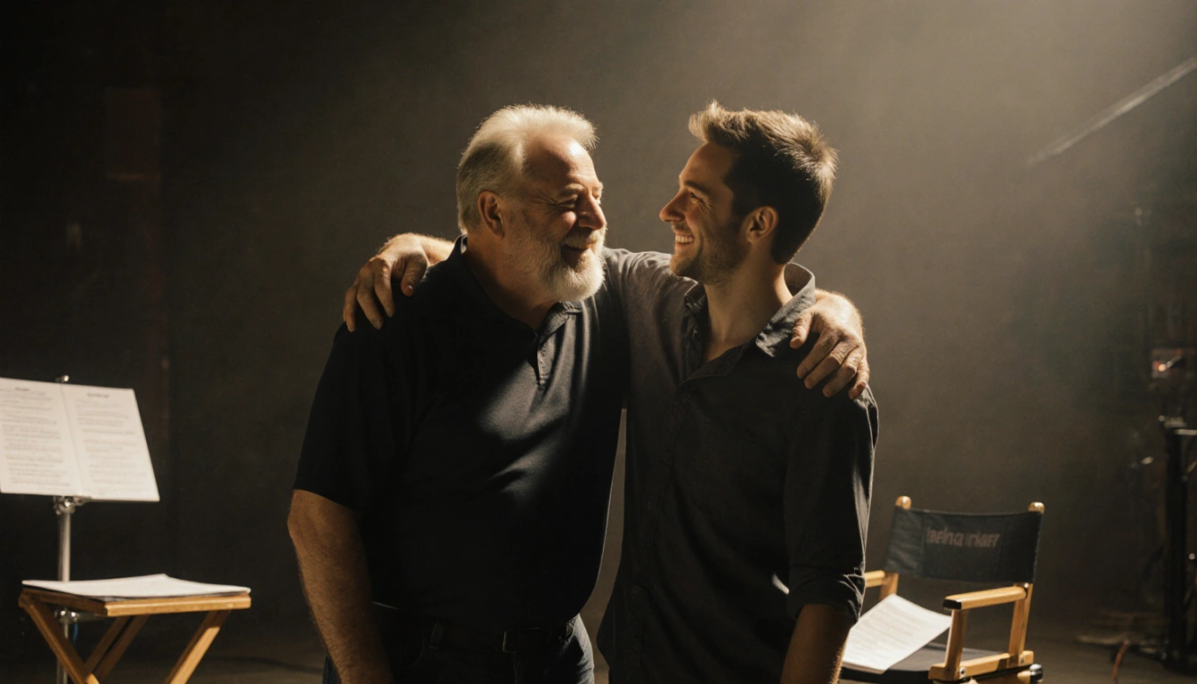 Rob Reiner and Nick smiling with arms around each other on set with script pages and director's chair in soft light