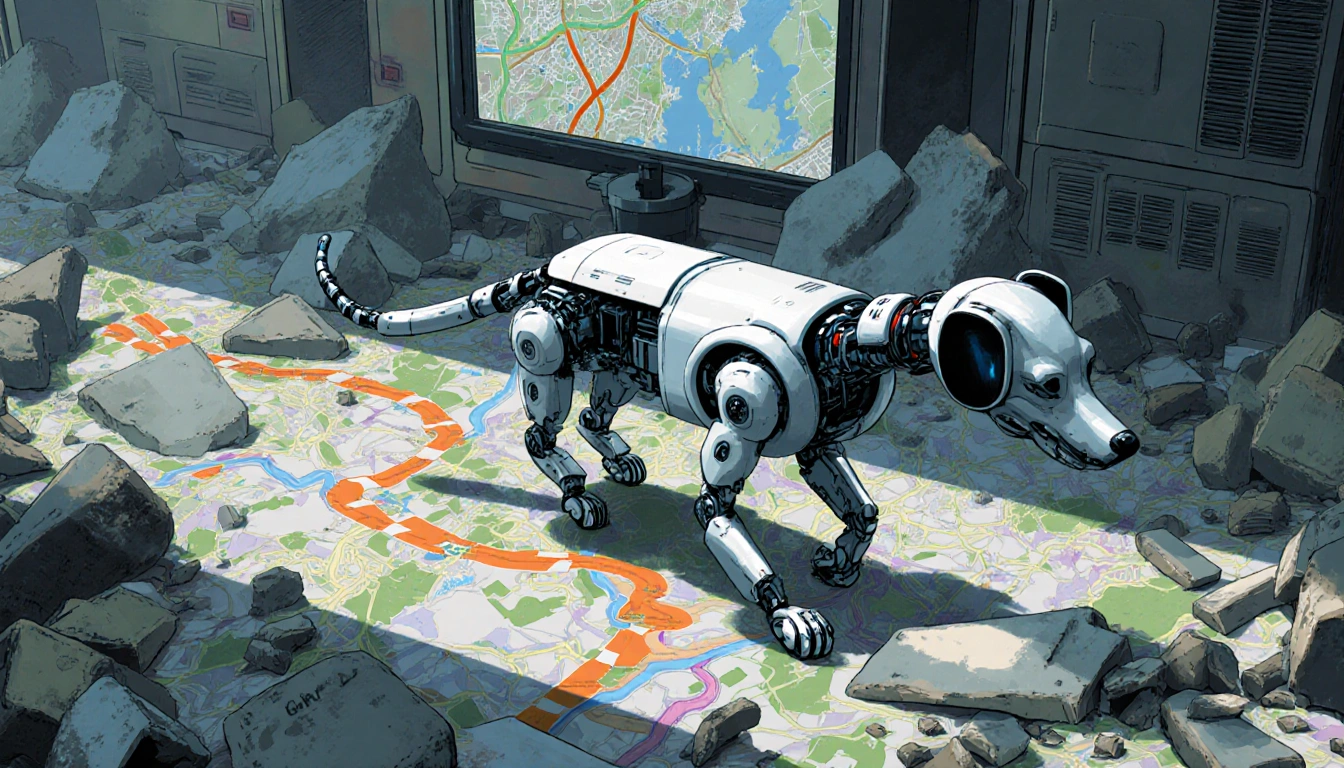 Robotic dog stepping forward with voice command interface and distorted map over debris in search and rescue mission