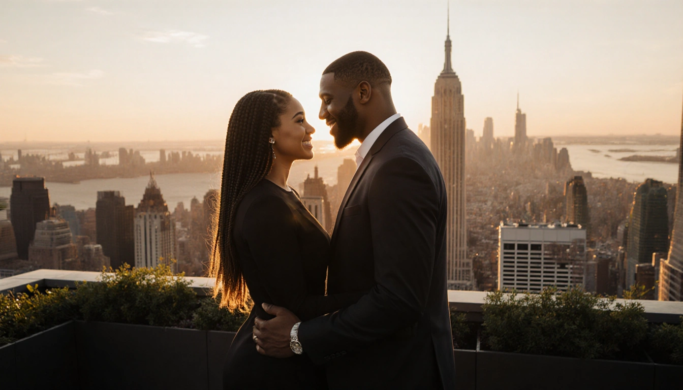 Karl-Anthony Towns proposing to Jordyn Woods on a rooftop with the New York City skyline at sunset in warm golden light